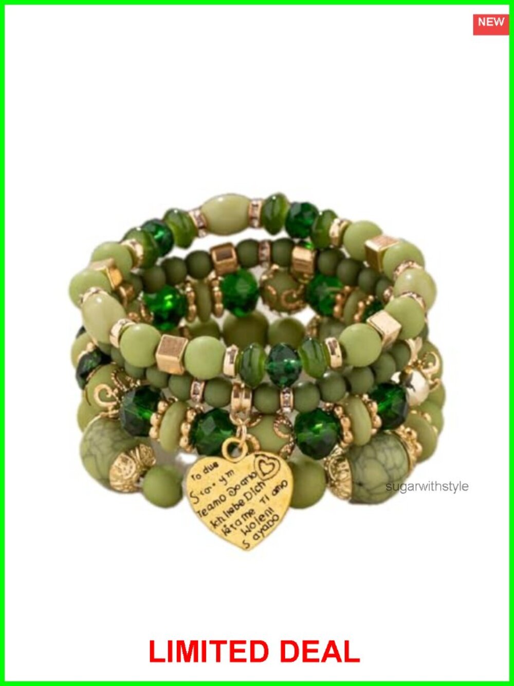 Beaded Bangle Bracelet Set Boho Stackable Crystal Accent Alloy Stone
